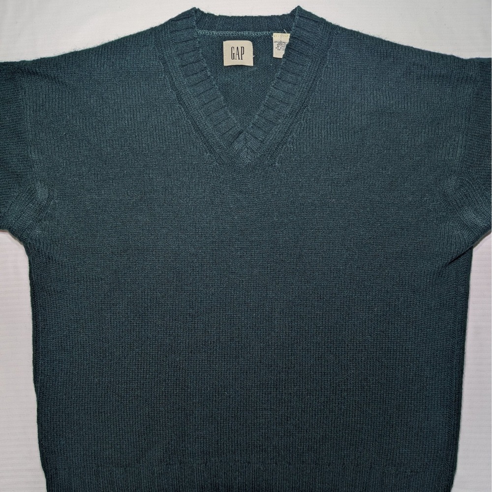 Vintage GAP Men's V-Neck Sweater 100% Shetland Wool Size L Forest Green Knit